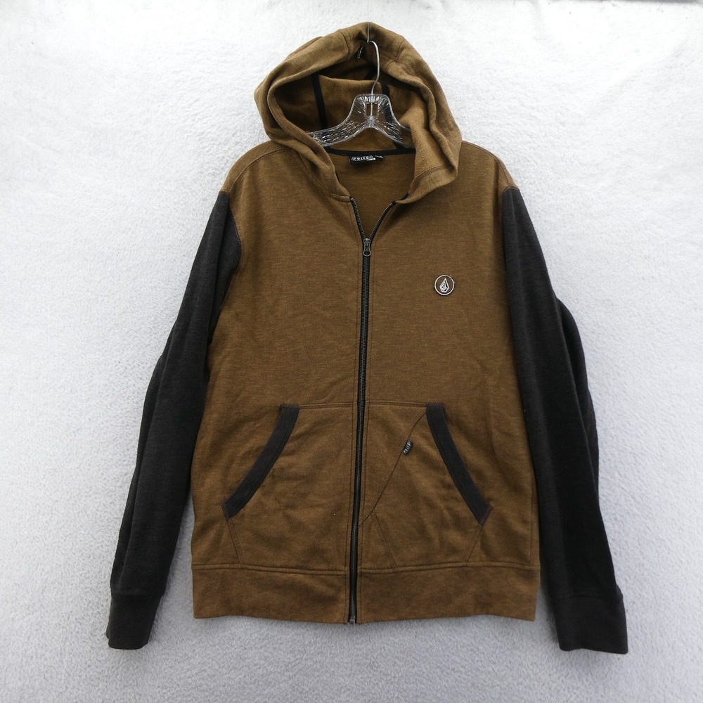 Volcom Hoodie Mens Medium EDS Slim Colorblock Brown Grey Zip Up Cotton Polyester